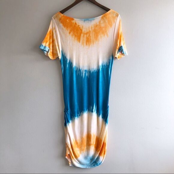 Rachel Roy Tie Dye Summer Short Sleeve Relaxed Draped Bodycon Mini Dress Orange - Picture 7 of 11
